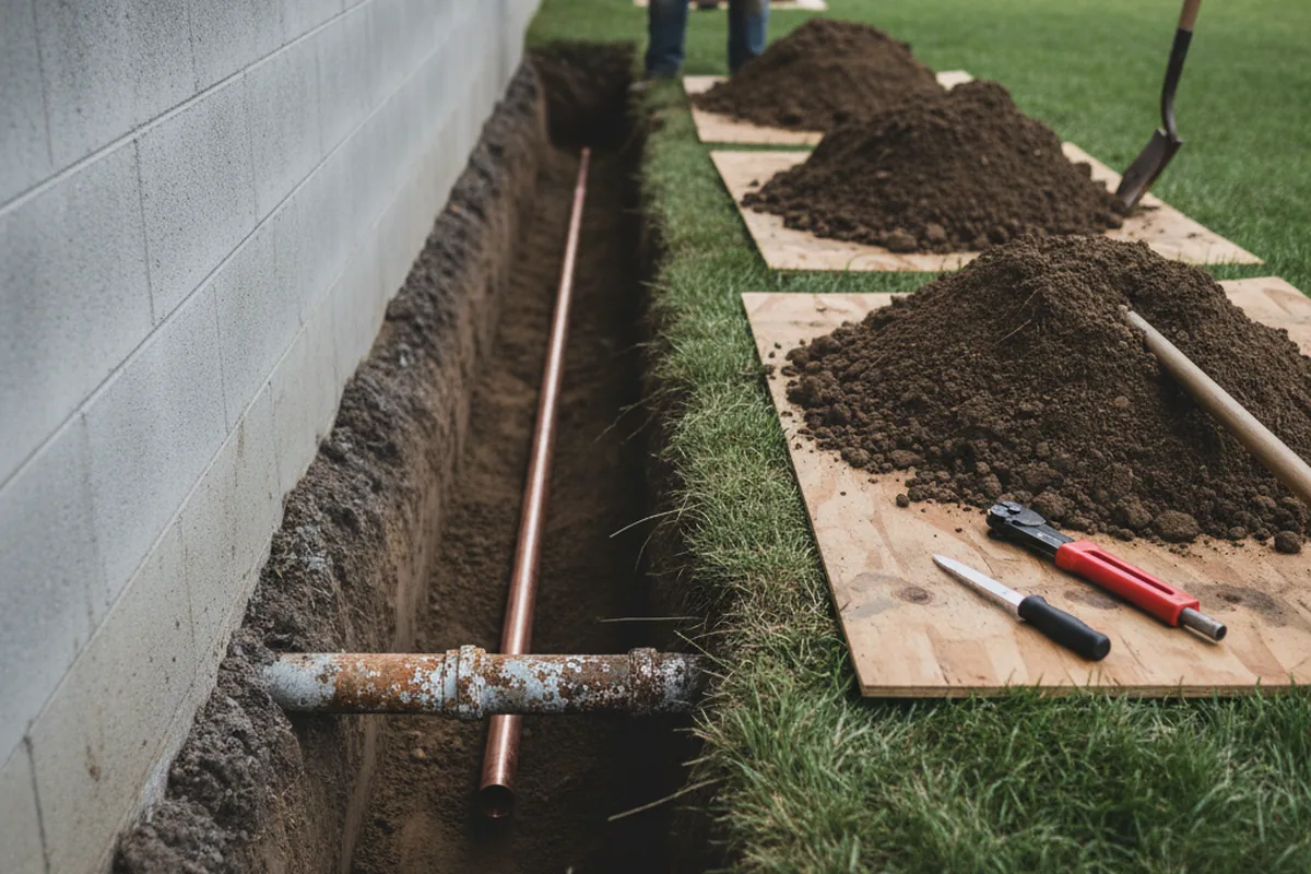 Excavated water line trench during Water Heater Repair in Minden